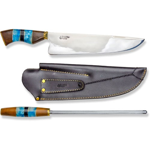 Brazilian Flame - 10" Rumpsteak Traditional Set Stainless Steel 3mm Knife + Sharpener - Picanha Set Blue-United Backyard
