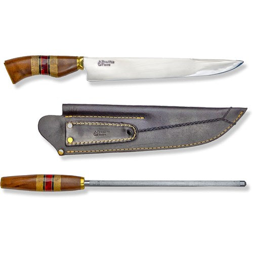 Brazilian Flame - 10" Traditional Line Stainless Steel Knife 3mm with Sharpener and w/Case - Ribs Set Red-United Backyard