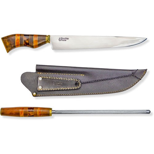 Brazilian Flame - 10" Traditional Line Stainless Steel Knife 3mm with Sharpener and w/Case - Ribs Set Yellow-United Backyard