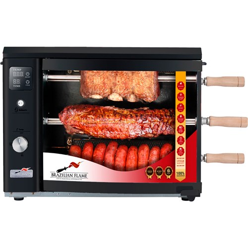 Brazilian Flame - Gas Rotisserie Brazilian Grill, 3 Skewer Unit, No Upper Tray - Black-United Backyard