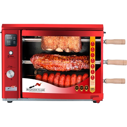 Brazilian Flame - Gas Rotisserie Brazilian Grill, 3 Skewer Unit, No Upper Tray - Red-United Backyard