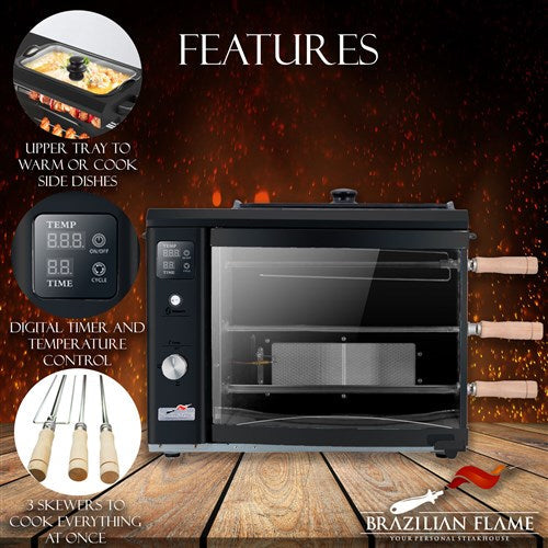 Brazilian Flame - Gas Rotisserie Brazilian Grill, 3 Skewer Unit, Upper Tray INCLUDED - Black-United Backyard