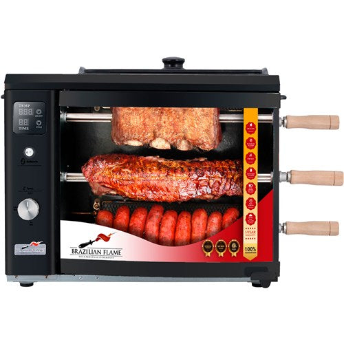 Brazilian Flame - Gas Rotisserie Brazilian Grill, 3 Skewer Unit, Upper Tray INCLUDED - Black-United Backyard