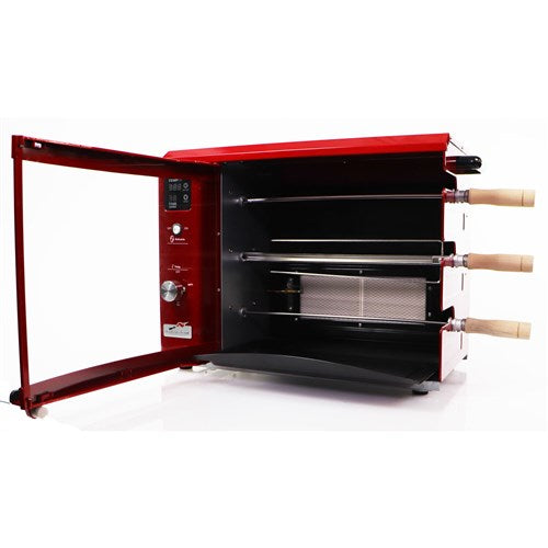 Brazilian Flame - Gas Rotisserie Brazilian Grill, 3 Skewer Unit, Upper Tray INCLUDED - Red-United Backyard