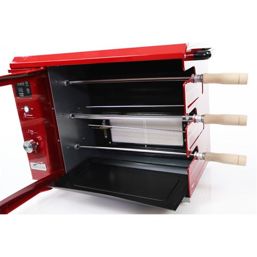 Brazilian Flame - Gas Rotisserie Brazilian Grill, 3 Skewer Unit, Upper Tray INCLUDED - Red-United Backyard