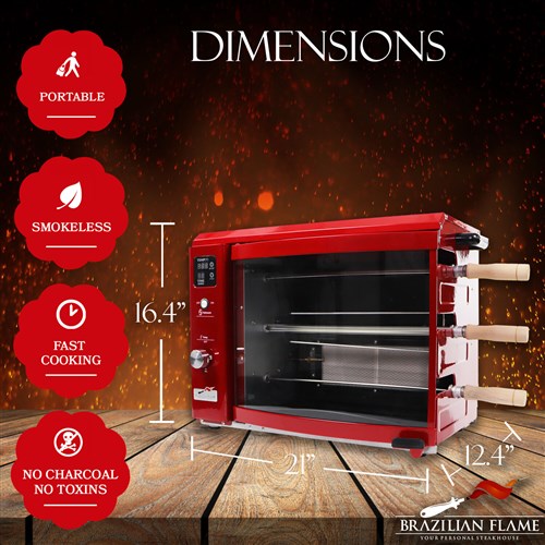 Brazilian Flame - Gas Rotisserie Brazilian Grill, 3 Skewer Unit, Upper Tray INCLUDED - Red-United Backyard