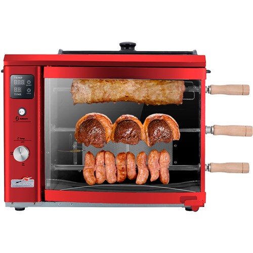 Brazilian Flame - Gas Rotisserie Brazilian Grill, 3 Skewer Unit, Upper Tray INCLUDED - Red-United Backyard