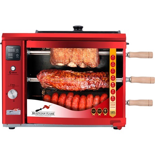 Brazilian Flame - Gas Rotisserie Brazilian Grill, 3 Skewer Unit, Upper Tray INCLUDED - Red-United Backyard