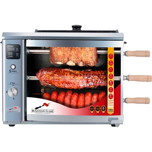 Brazilian Flame - Gas Rotisserie Brazilian Grill, 3 Skewer Unit, Upper Tray INCLUDED - Silver-United Backyard