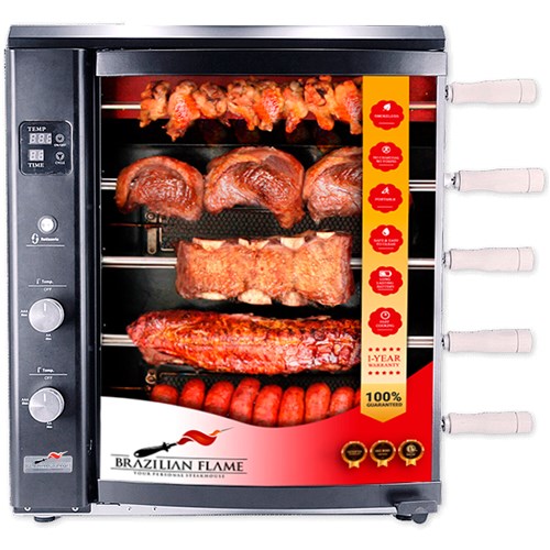 Brazilian Flame - Gas Rotisserie Brazilian Grill, 5 Skewer Unit, No Upper Tray - Black-United Backyard