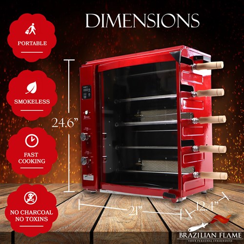 Brazilian Flame - Gas Rotisserie Brazilian Grill, 5 Skewer Unit, No Upper Tray - Red-United Backyard