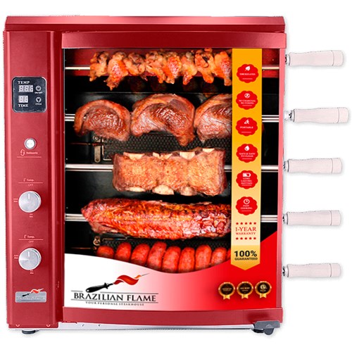 Brazilian Flame - Gas Rotisserie Brazilian Grill, 5 Skewer Unit, No Upper Tray - Red-United Backyard