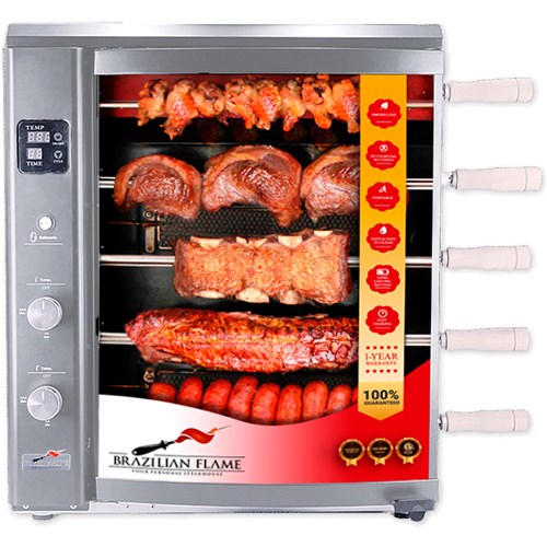 Brazilian Flame - Gas Rotisserie Brazilian Grill, 5 Skewer Unit, No Upper Tray - Silver-United Backyard