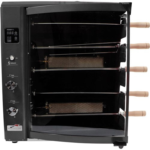 Brazilian Flame - Gas Rotisserie Brazilian Grill, 5 Skewer Unit, Upper Tray INCLUDED - Black-United Backyard
