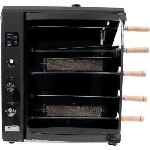 Brazilian Flame - Gas Rotisserie Brazilian Grill, 5 Skewer Unit, Upper Tray INCLUDED - Black-United Backyard