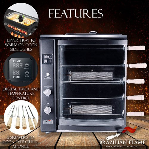 Brazilian Flame - Gas Rotisserie Brazilian Grill, 5 Skewer Unit, Upper Tray INCLUDED - Black-United Backyard