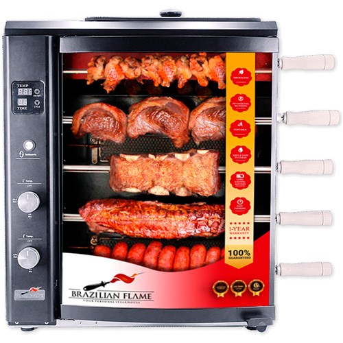 Brazilian Flame - Gas Rotisserie Brazilian Grill, 5 Skewer Unit, Upper Tray INCLUDED - Black-United Backyard