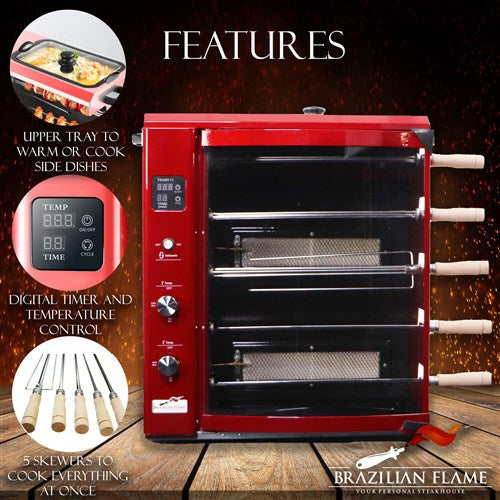 Brazilian Flame - Gas Rotisserie Brazilian Grill, 5 Skewer Unit, Upper Tray INCLUDED - Red-United Backyard