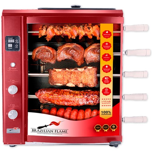 Brazilian Flame - Gas Rotisserie Brazilian Grill, 5 Skewer Unit, Upper Tray INCLUDED - Red-United Backyard