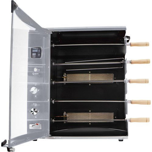 Brazilian Flame - Gas Rotisserie Brazilian Grill, 5 Skewer Unit, Upper Tray INCLUDED - Silver-United Backyard