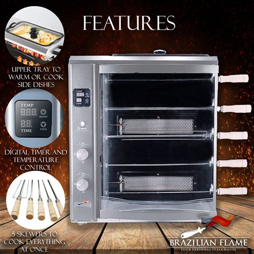 Brazilian Flame - Gas Rotisserie Brazilian Grill, 5 Skewer Unit, Upper Tray INCLUDED - Silver-United Backyard