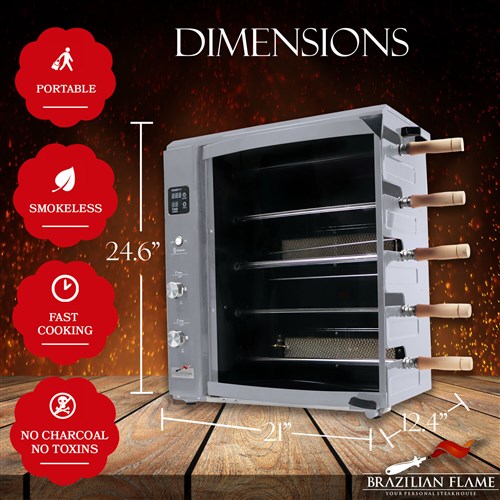 Brazilian Flame - Gas Rotisserie Brazilian Grill, 5 Skewer Unit, Upper Tray INCLUDED - Silver-United Backyard