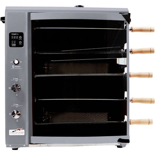 Brazilian Flame - Gas Rotisserie Brazilian Grill, 5 Skewer Unit, Upper Tray INCLUDED - Silver-United Backyard