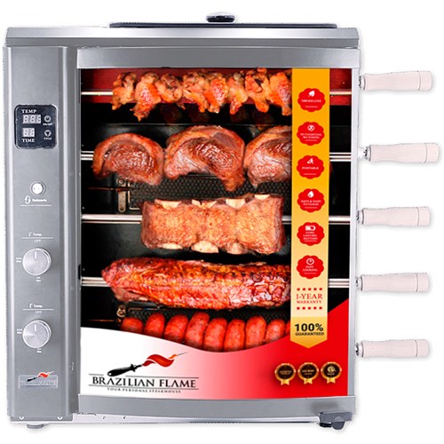 Brazilian Flame - Gas Rotisserie Brazilian Grill, 5 Skewer Unit, Upper Tray INCLUDED - Silver-United Backyard