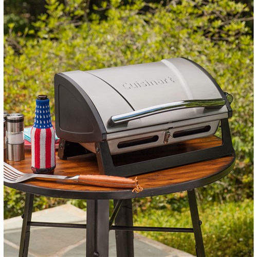 Cuisinart Grill - Grillster Portable Gas Grill, 16" Diameter, Enameled Grate, Hinged Lid - Stainless-United Backyard