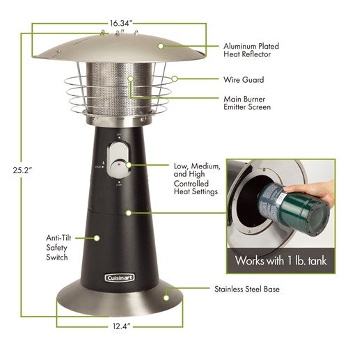 Cuisinart Grill - Tabletop Patio Heater, 11000 BTU, Portable, Rotary Dial Control - Stainless-United Backyard