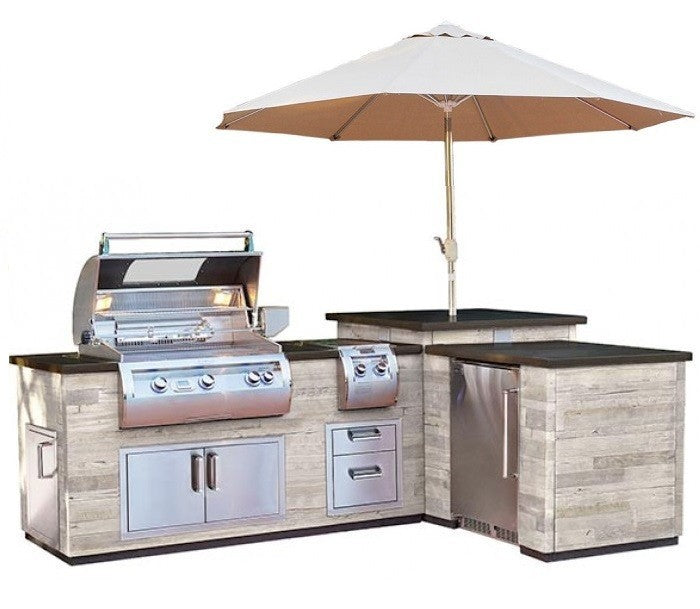 Fire Magic - Silver Pine L-Shaped Reclaimed Wood Island System with Kegerator Cutout-United Backyard