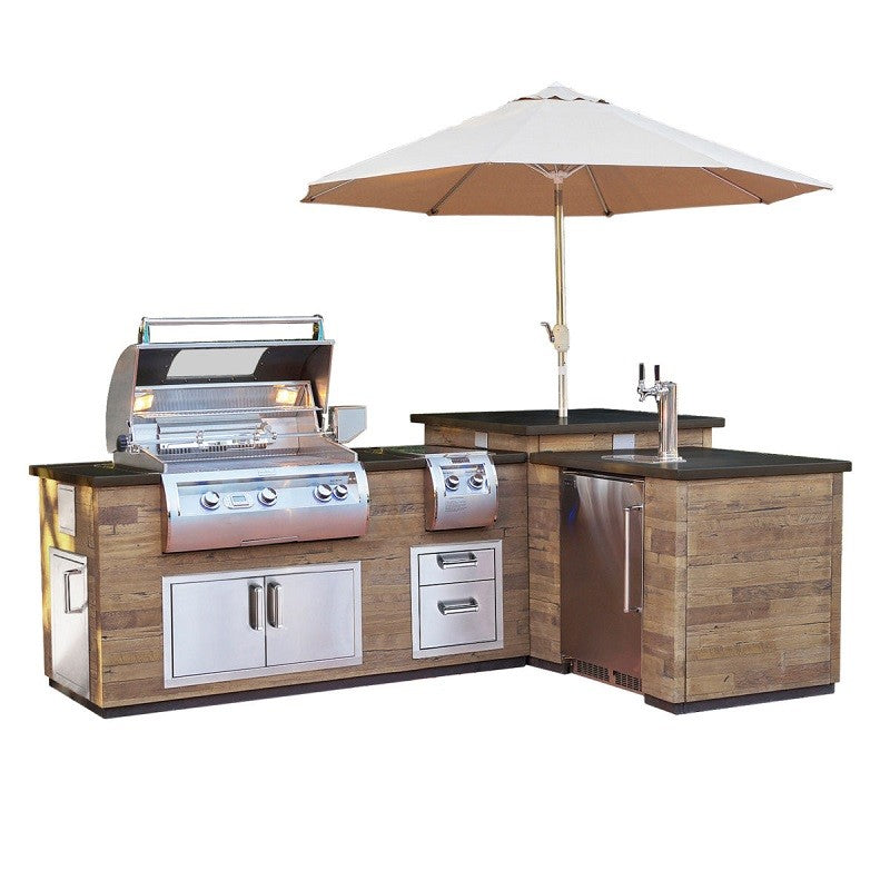 Fire Magic - Silver Pine L-Shaped Reclaimed Wood Island System with Refrigerator Cutout-United Backyard