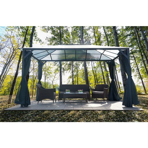 Hanover - 13'x10' Aluminum Gazebo PC Board Hard Top w/Curtains & Netting - Dark Gray-United Backyard