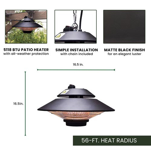 Hanover - 16.7 in Hanging Electric Heater-1 heat settings with Remote - Black-United Backyard