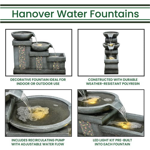 Hanover - 26in Three Tier Horizontal Cascade Polyresin Fountain with Lights - Stone-United Backyard