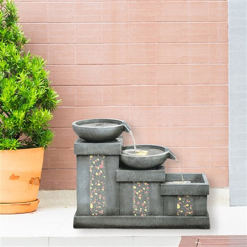 Hanover - 26in Three Tier Horizontal Cascade Polyresin Fountain with Lights - Stone-United Backyard