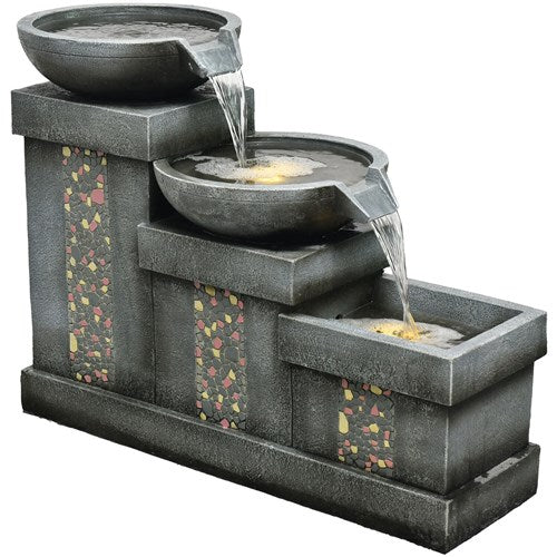 Hanover - 26in Three Tier Horizontal Cascade Polyresin Fountain with Lights - Stone-United Backyard