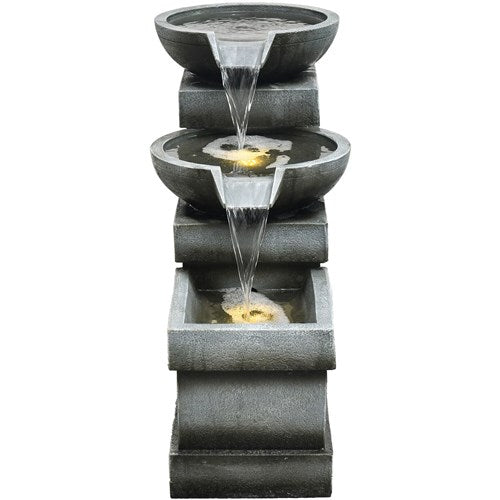 Hanover - 26in Three Tier Horizontal Cascade Polyresin Fountain with Lights - Stone-United Backyard