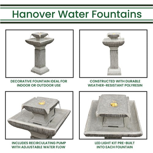 Hanover - 26in Two Tier Pedestal Polyresin Fountain with Lights - Stone-United Backyard