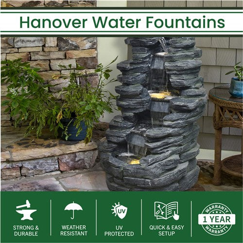 Hanover - 39in Cascade Stone Polyresin Fountain with Lights - Stone-United Backyard