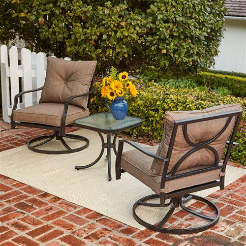 Hanover - 3pc Seating Set: 2 steel swivel rockers, glass side table - Steel/Tan-United Backyard