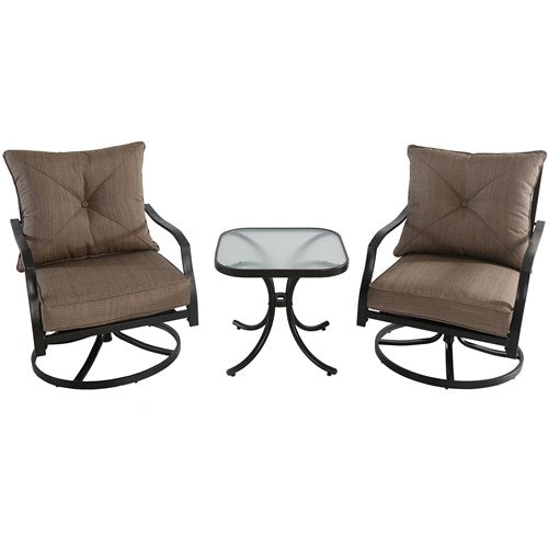 Hanover - 3pc Seating Set: 2 steel swivel rockers, glass side table - Steel/Tan-United Backyard