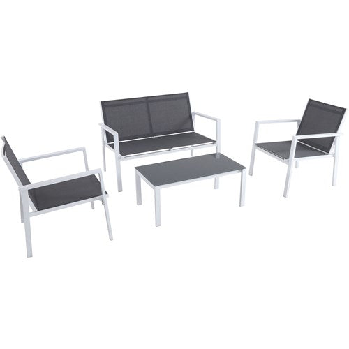 Hanover - 4pc Seating Set: sling loveseat, 2 sling side chairs, coffee table - White/Gray-United Backyard