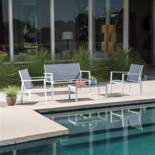 Hanover - 4pc Seating Set: sling loveseat, 2 sling side chairs, coffee table - White/Gray-United Backyard