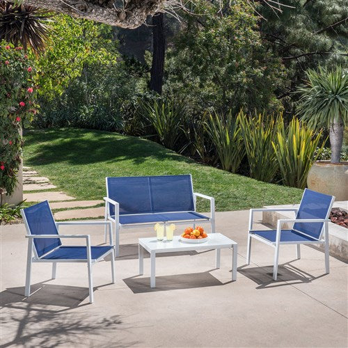 Hanover - 4pc Seating Set: sling loveseat, 2 sling side chairs, coffee table - White/Navy-United Backyard