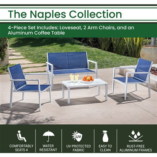 Hanover - 4pc Seating Set: sling loveseat, 2 sling side chairs, coffee table - White/Navy-United Backyard