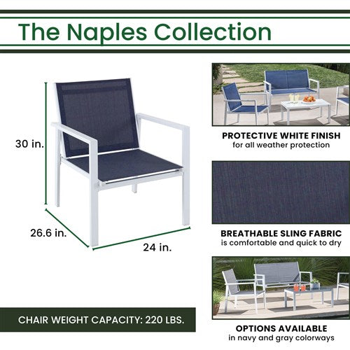 Hanover - 4pc Seating Set: sling loveseat, 2 sling side chairs, coffee table - White/Navy-United Backyard