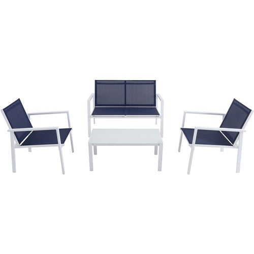 Hanover - 4pc Seating Set: sling loveseat, 2 sling side chairs, coffee table - White/Navy-United Backyard