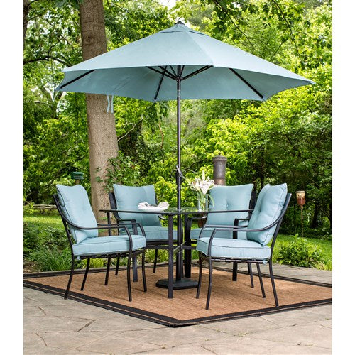 Hanover - 5pc Dining Set: 4 Chairs, 1 Square Table, 1 Umbrella, 1 Base - Gray/Ocean Blue-United Backyard