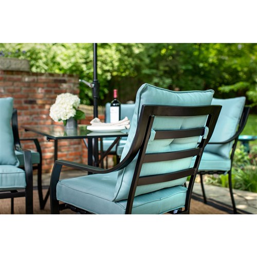 Hanover - 5pc Dining Set: 4 Chairs, 1 Square Table, 1 Umbrella, 1 Base - Gray/Ocean Blue-United Backyard